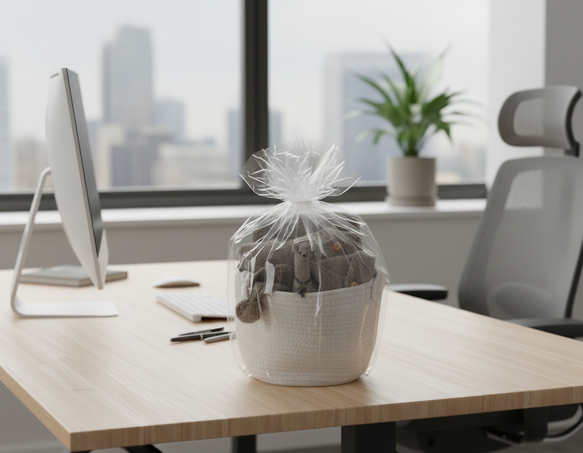 Wrapped Our Green House baby gift basket displayed on an office desk with large city windows in the background.