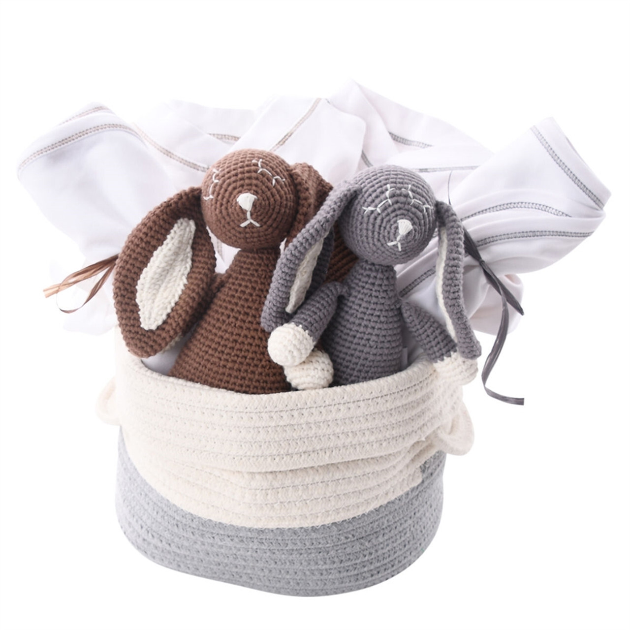 White and gray ‘Twin Unisex’ basket holding two crocheted bunny toys with floppy ears from Our Green House.
