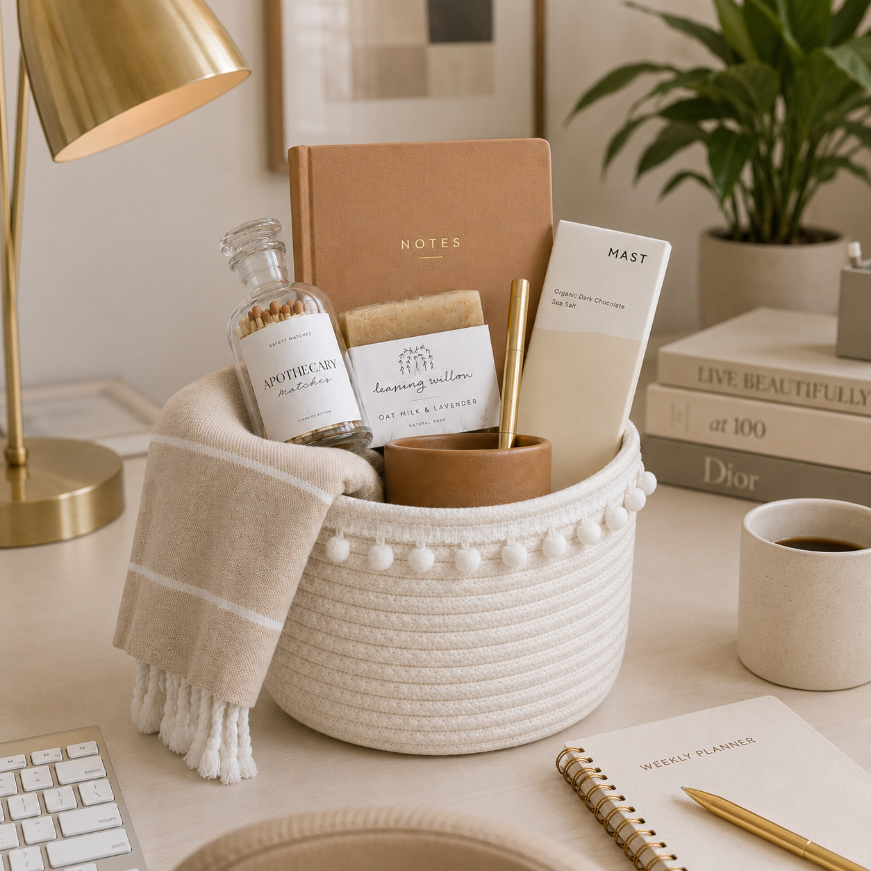 Luxury Green House corporate gift basket with notebook, tea, mug, towel, artisan soap, and thoughtful personalized gifts for employee and client appreciation.