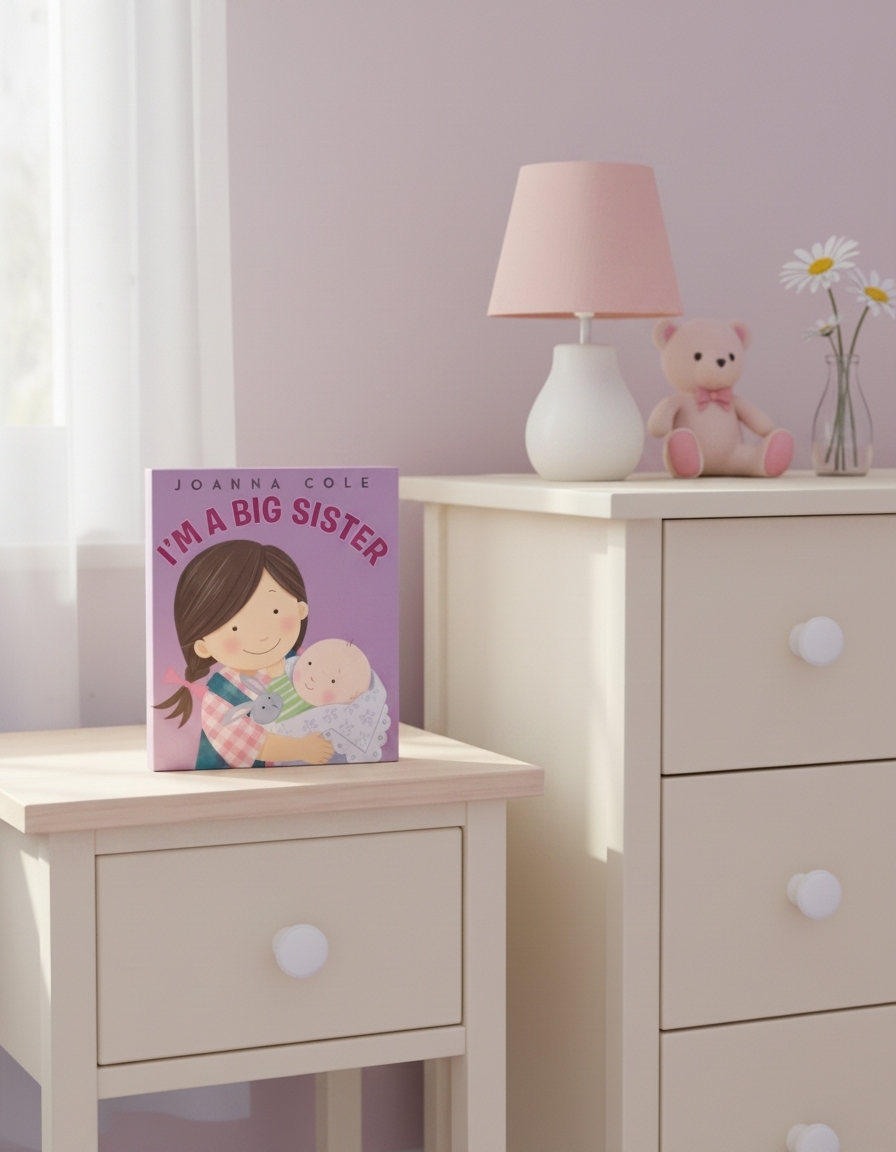 &ldquo;I&rsquo;m a Big Sister&rdquo; children&rsquo;s book displayed on a bedside table with a pink lamp and teddy bear in a cozy nursery setup.