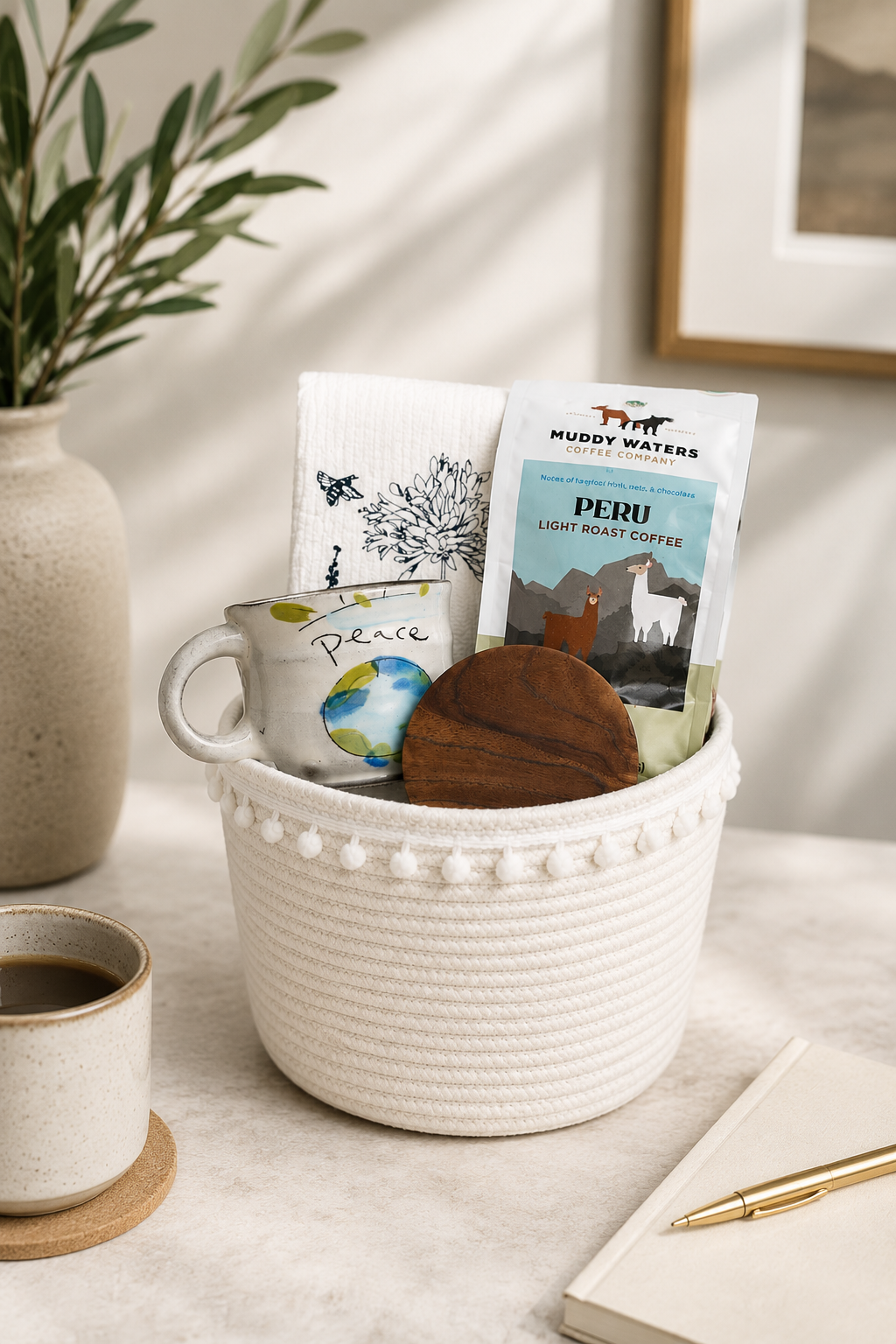 Our Green House coffee gift basket with Peruvian coffee, a peace mug, a kitchen towel, and a wooden coaster.