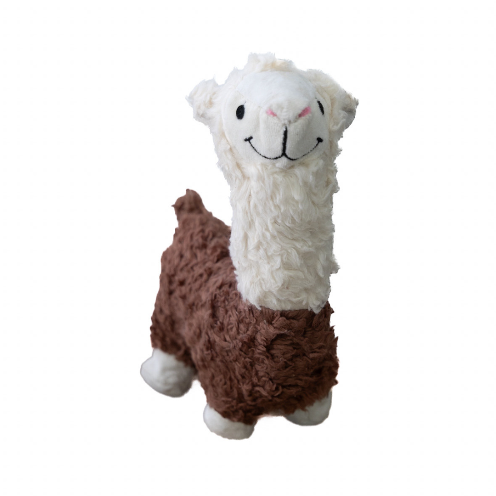 Organic plush alpaca dog toy from Our Green House made with soft natural materials, sitting upright on a plain surface.