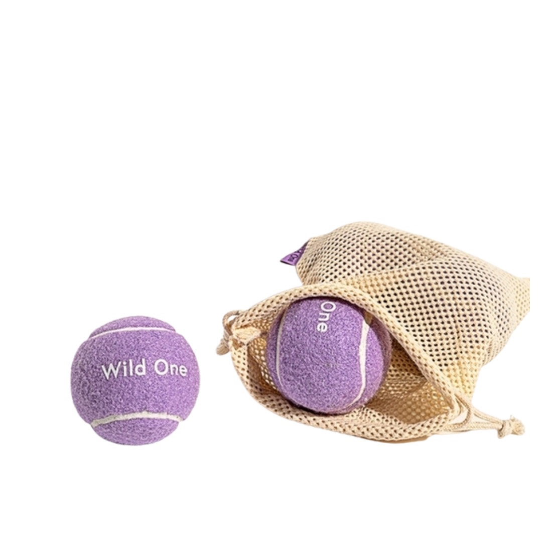 Eco-friendly dog toys set of four lilac tennis balls made with natural materials by Our Green House.