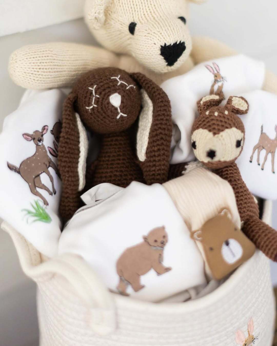 A close-up of an Our Green House baby hamper featuring forest-themed knit toys and printed onesies.