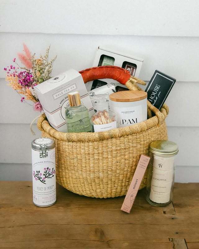 A spring or early summer-themed gift basket, perfect for all occasions with fresh, seasonal items from Our Green House.