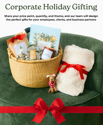 Modern corporate gift basket with notebook, premium cocoa, linen towels, and scented candles from Our Green House.