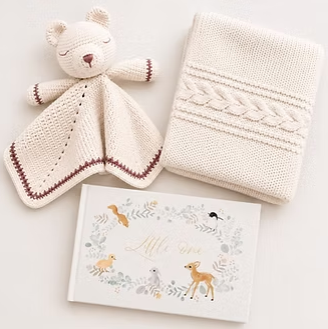 Knit bear lovey, cream cable blanket, and woodland baby memory book gift set from Our Green House.