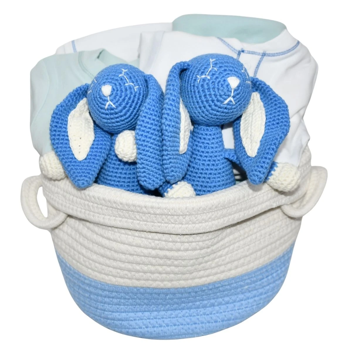 Twin baby boy gift basket with blue knit bunny toys, onesies, and organic baby essentials neatly arranged