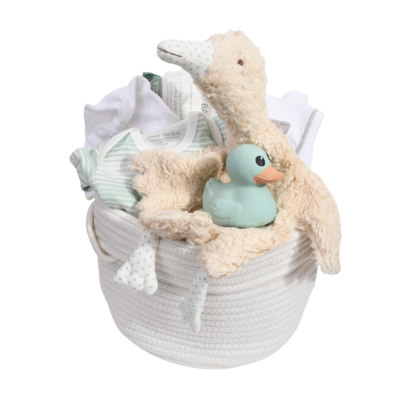 White rope gift basket with baby essentials: plush duck, mint rubber duck, striped onesie, and blanket.