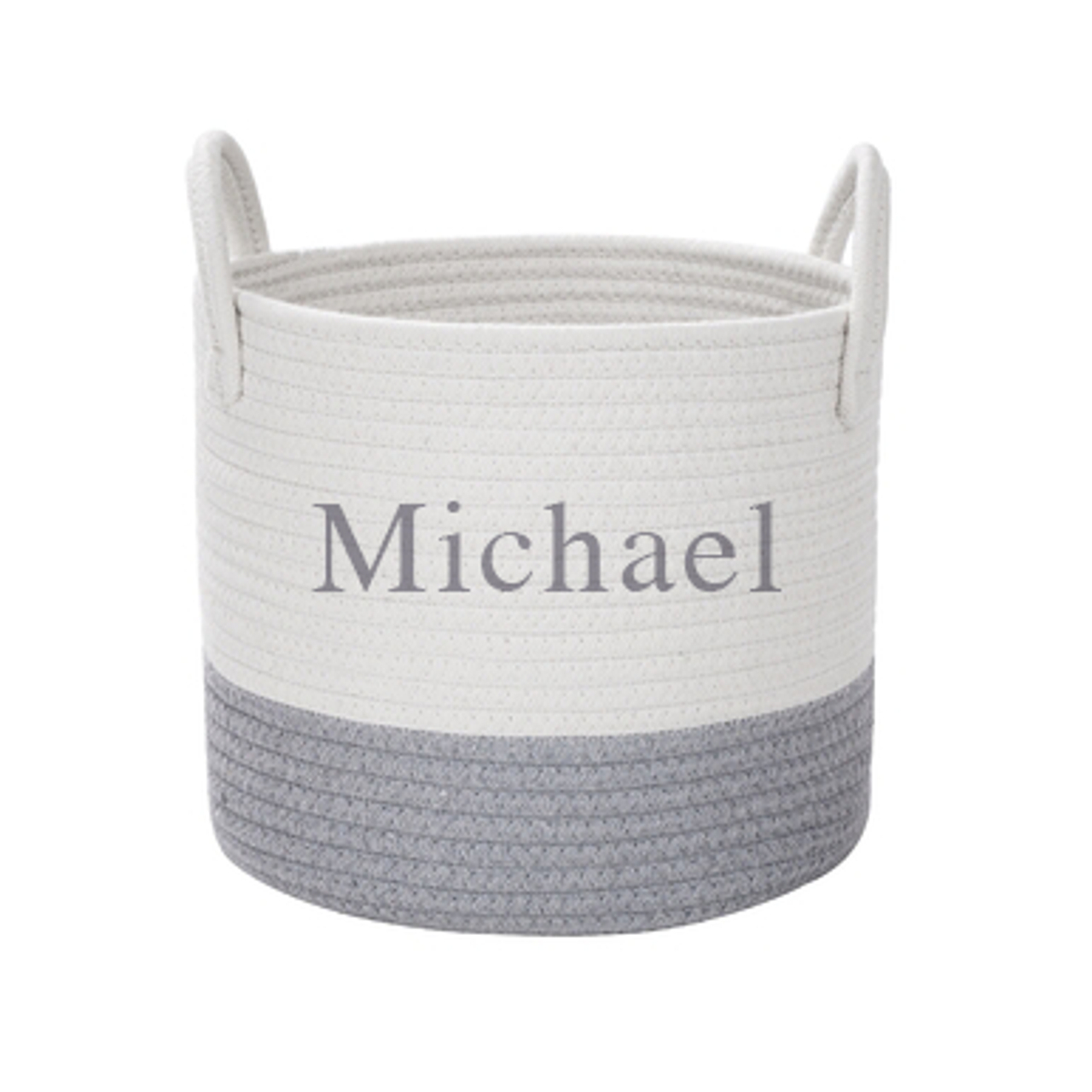 Customizable two-tone rope basket with handles displaying the name 