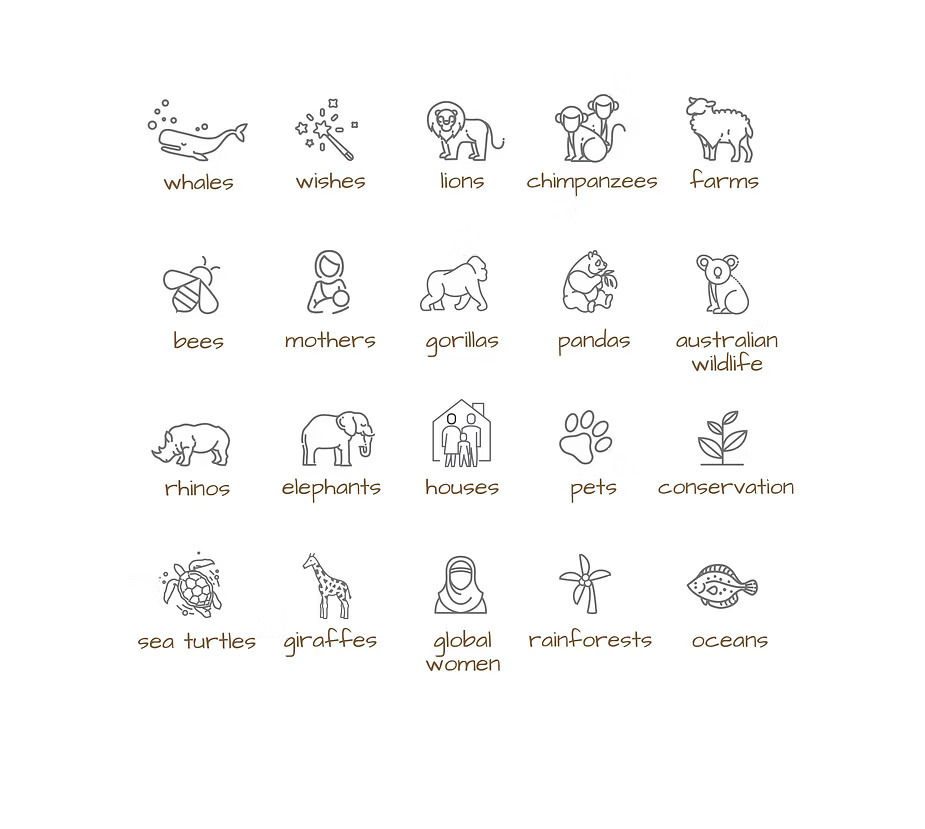 Icons representing various global causes such as animals and conservation.