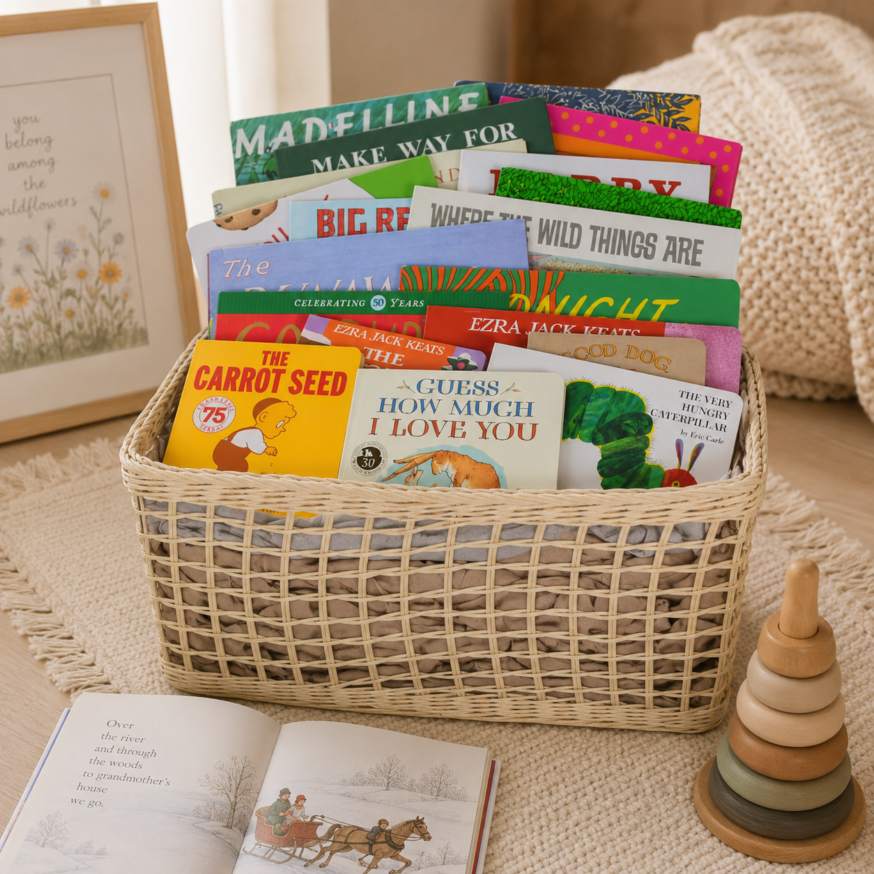 Our Green House children's gift basket with classic storybooks, a wooden stacking toy, and beautifully arranged keepsake gifts.