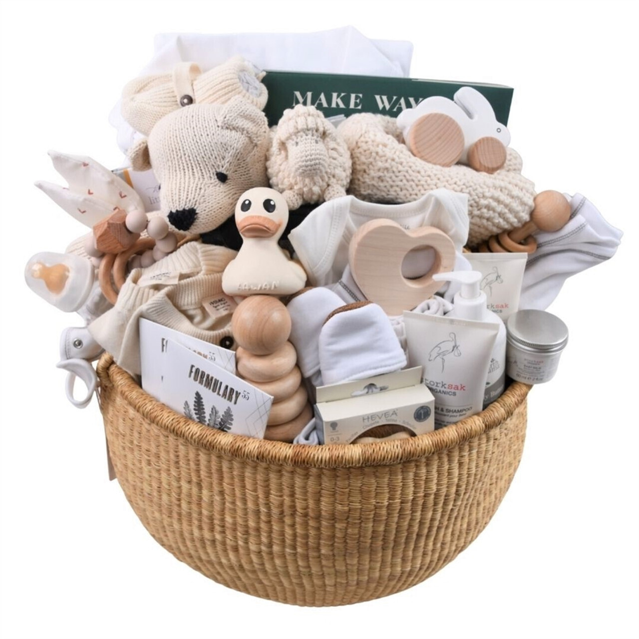 Our Green House luxury baby gift basket with a woven storage basket, plush toys, wooden rattle, and baby essentials.