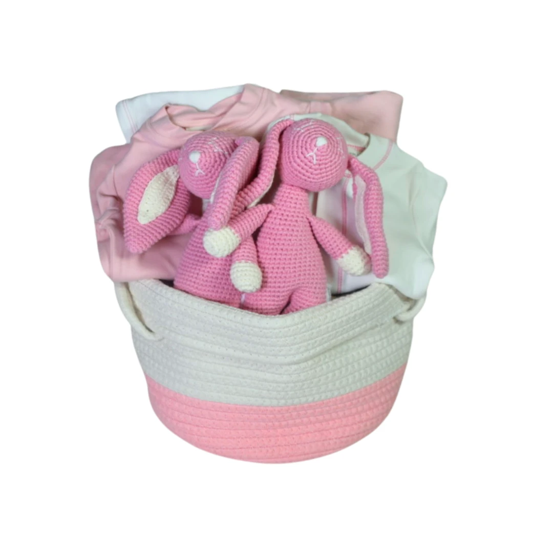 Twin baby girl gift basket with pink knit bunny toy, soft baby clothes, and cozy organic essentials
