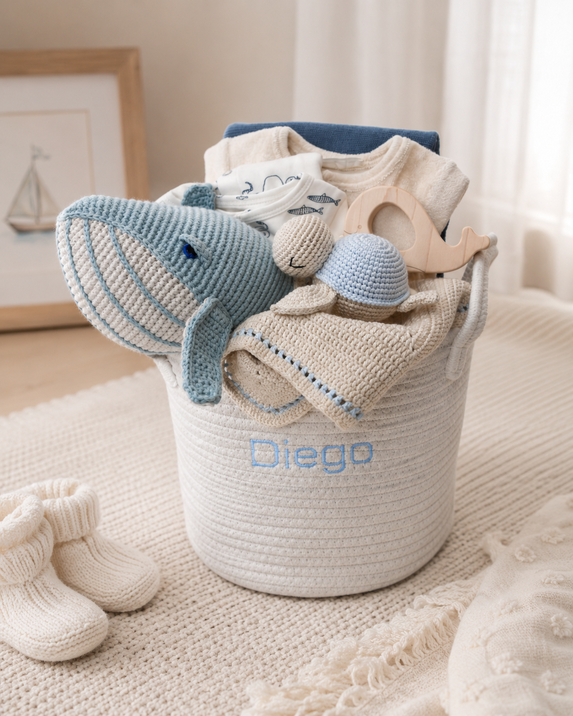 Personalized baby gift basket from Our Green House with a whale plush toy, knit blanket, baby onesies, wooden toy, and custom embroidered basket.
