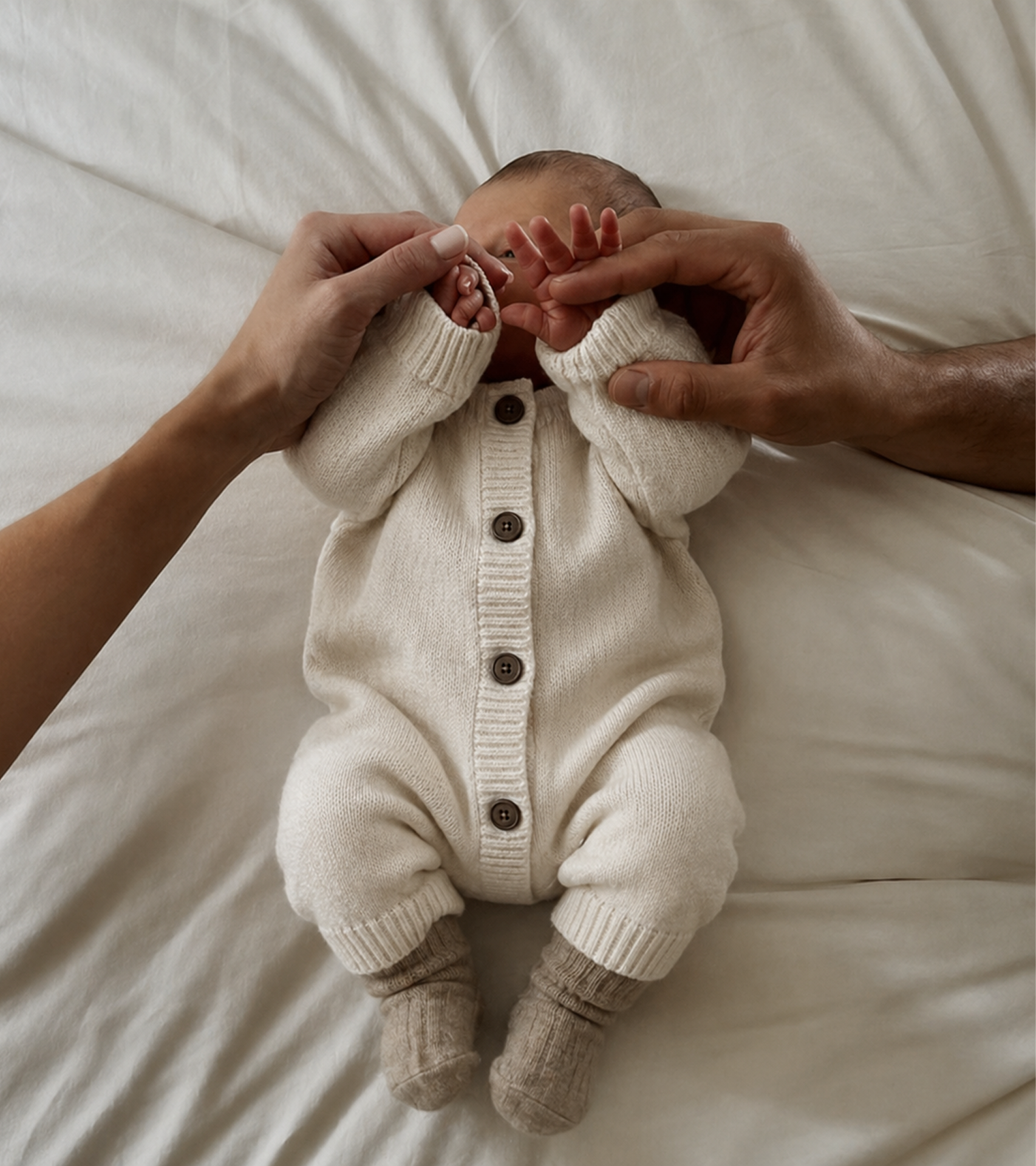 Newborn wearing a cream knit romper and socks, surrounded by caring hands in a soft neutral setting styled by Our Green House.