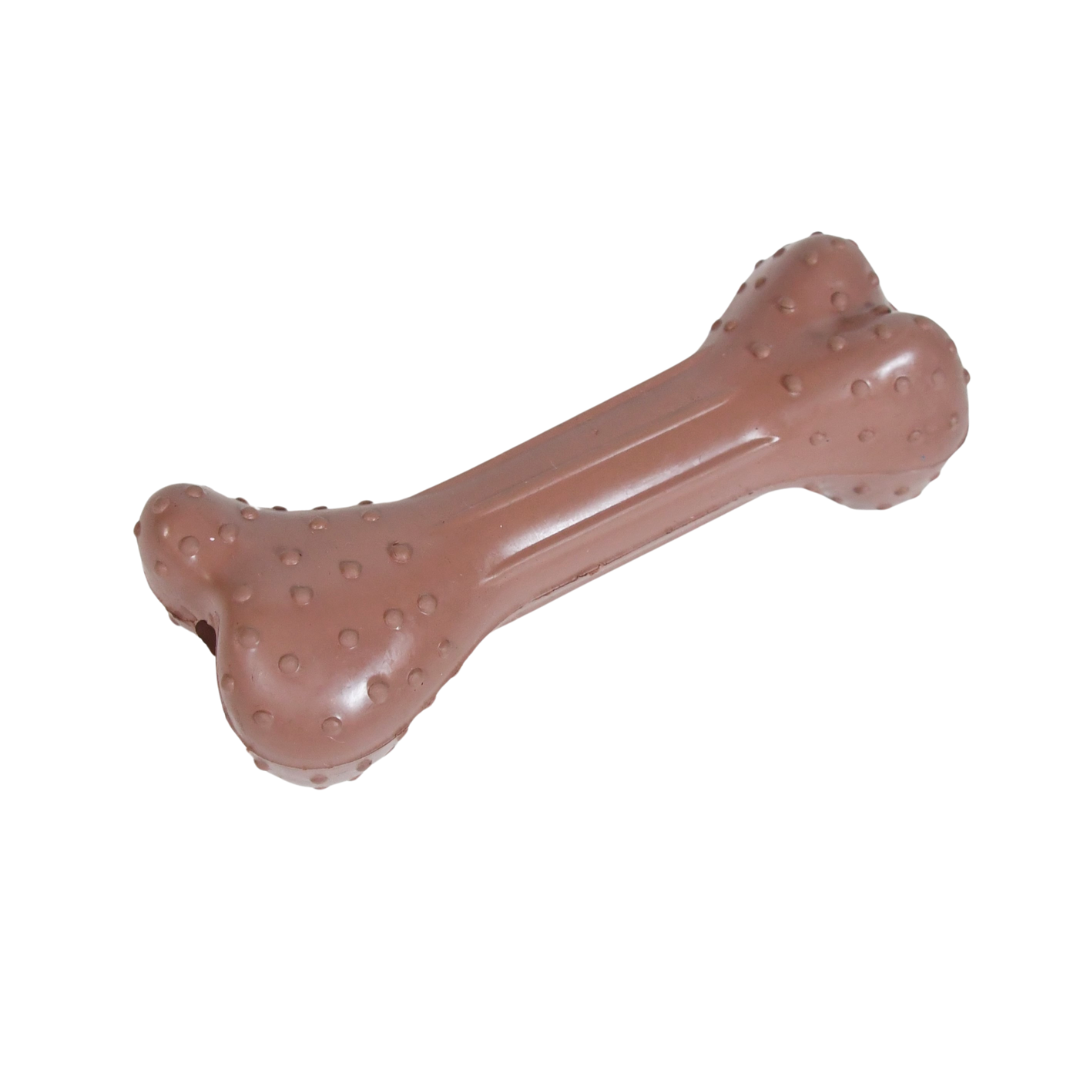Natural rubber dog bone chew toy from Our Green House, designed for teething and treat-stuffing.