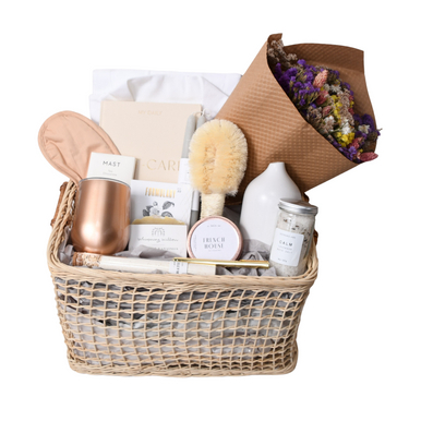 Spa-inspired gift basket from Our Green House curated with self-care and relaxation essentials.