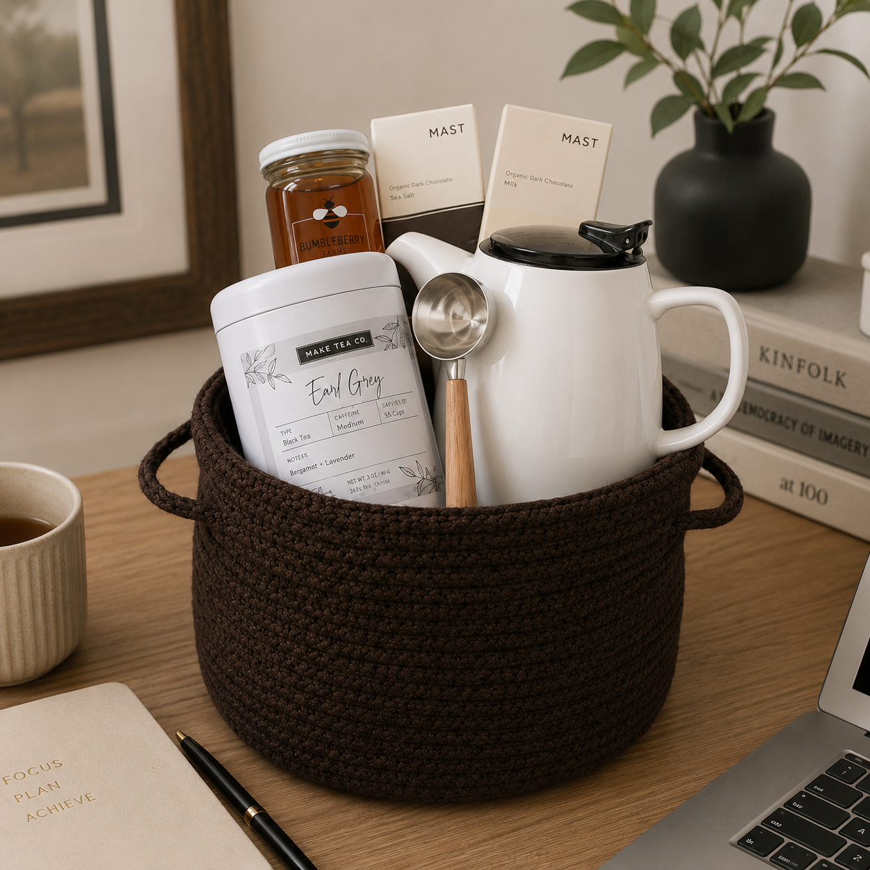 Elegant Green House tea gift basket with teapot, Earl Grey tea, honey, chocolate, and premium treats for corporate and executive gifting.