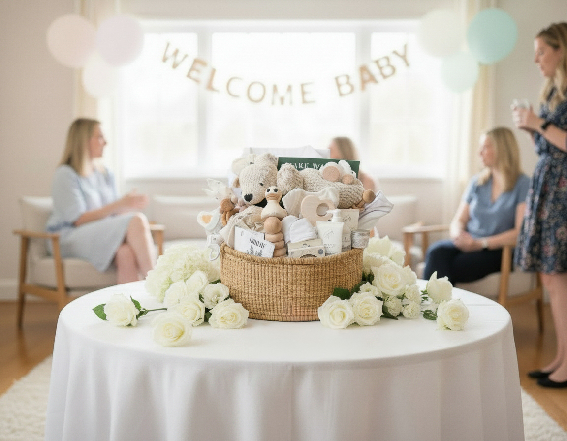 Our Green House baby shower gift basket displayed on a table with white flowers and &ldquo;Welcome Baby&rdquo; decorations.