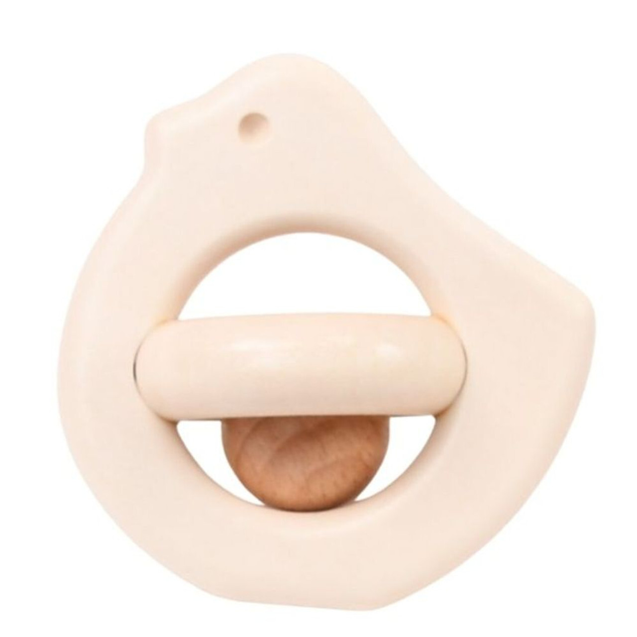 White handmade wooden bird rattle, eco-friendly and safe for babies from Our Green House.